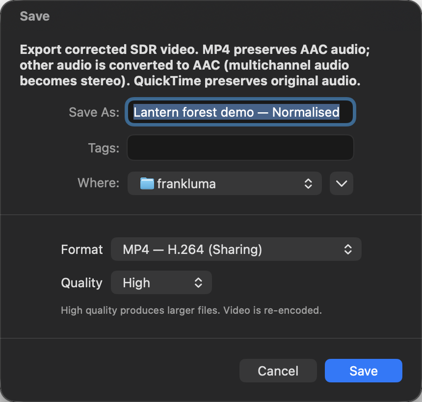 Export a corrected movie with format and quality controls.