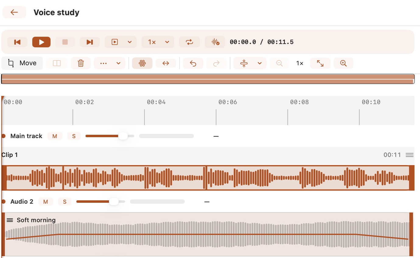TonePebble’s light editor with voice and music tracks