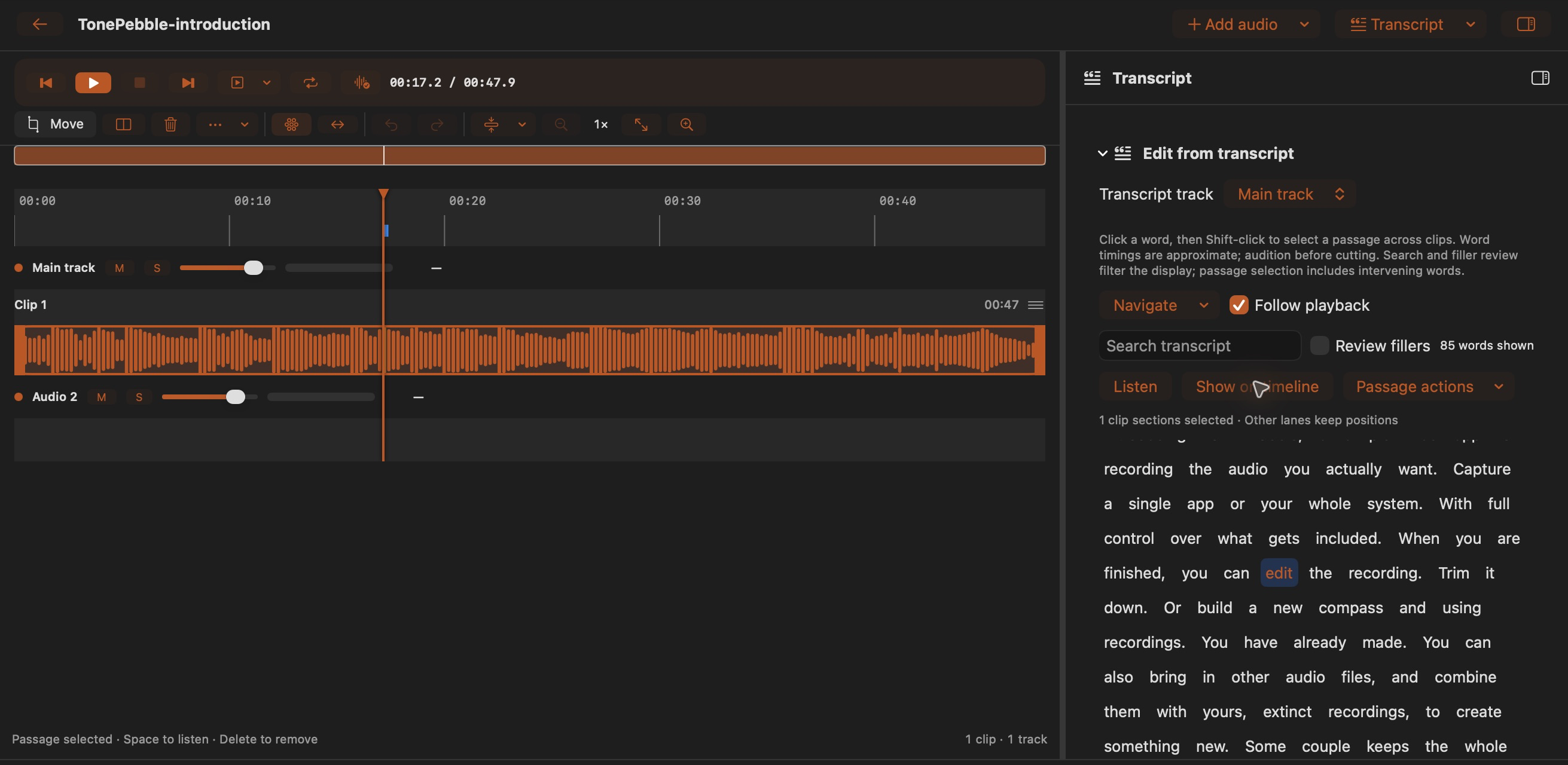 A timed word selected in TonePebble’s Transcript inspector.