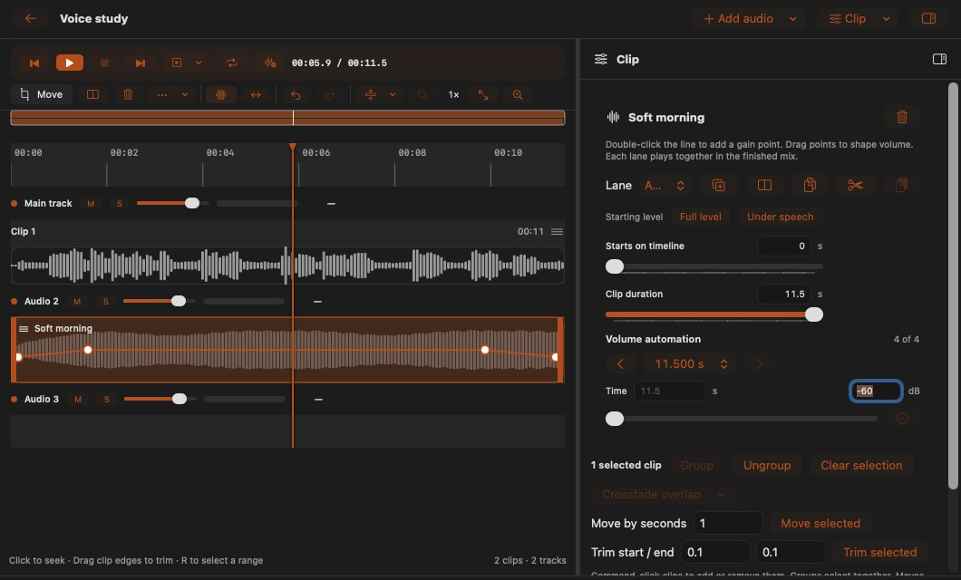 Two audio tracks with waveforms and editable volume automation.