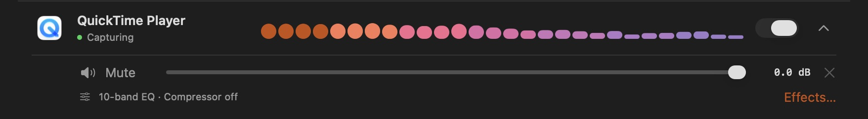 QuickTime audio source with an active orange, pink, and purple level meter
